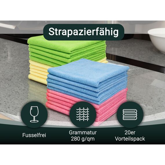 ZOLLNER 20er Set Mikrofasertücher für streifenfreien Glanz - flusenfreie und saugstarke Reinigungstücher - waschbar bis 60°C - Mehrfarbig in 40x40cm - Hotelqualität