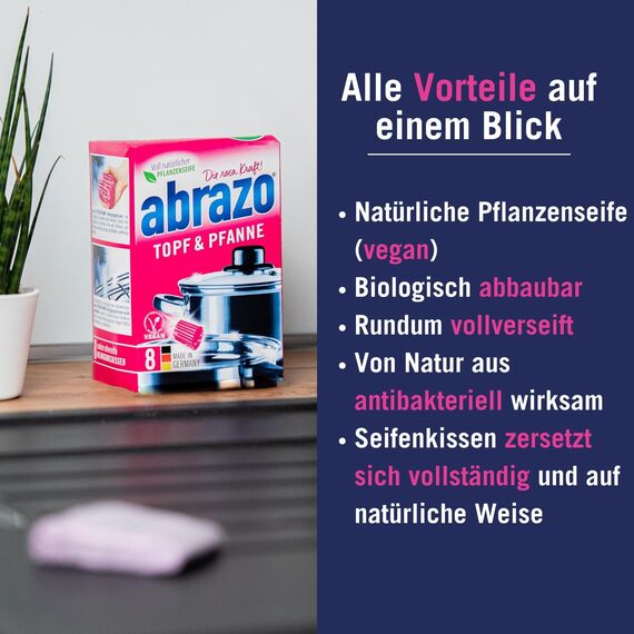 abrazo Topf & Pfanne | 8 Reinigungskissen für Töpfe, Grill & Backofen, Spülschwamm mit veganer Pflanzenseife, Küchenschwamm, Reinigungsschwamm