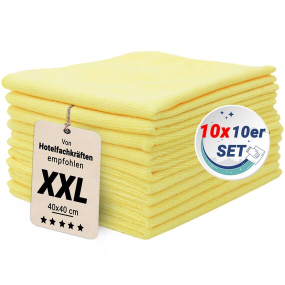ZOLLNER 100er Set Mikrofasertücher für streifenfreien Glanz - flusenfreie und saugstarke Reinigungstücher - waschbar bis 60°C - 40x40cm in gelb - Hotelqualität