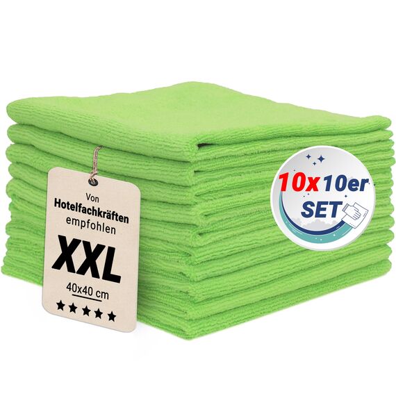 ZOLLNER 100er Set Mikrofasertücher für streifenfreien Glanz - flusenfreie und saugstarke Reinigungstücher - waschbar bis 60°C - 40x40cm in grün - Hotelqualität
