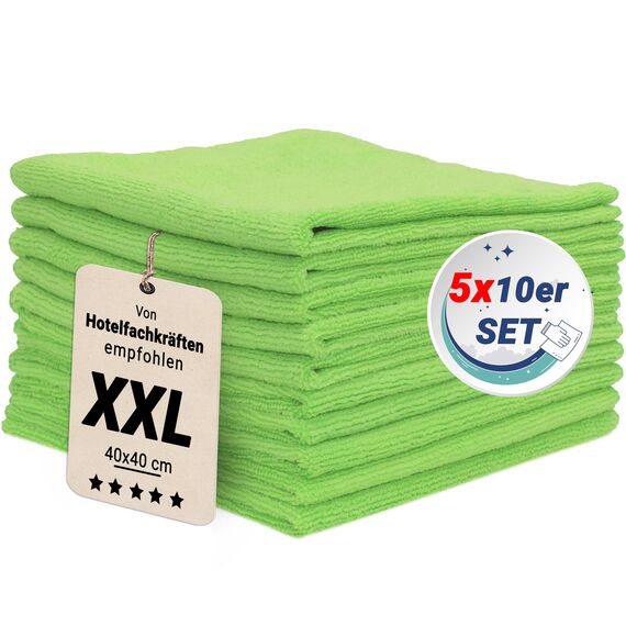 ZOLLNER 50er Set Mikrofasertücher für streifenfreien Glanz - flusenfreie und saugstarke Reinigungstücher - waschbar bis 60°C - 40x40cm in grün - Hotelqualität