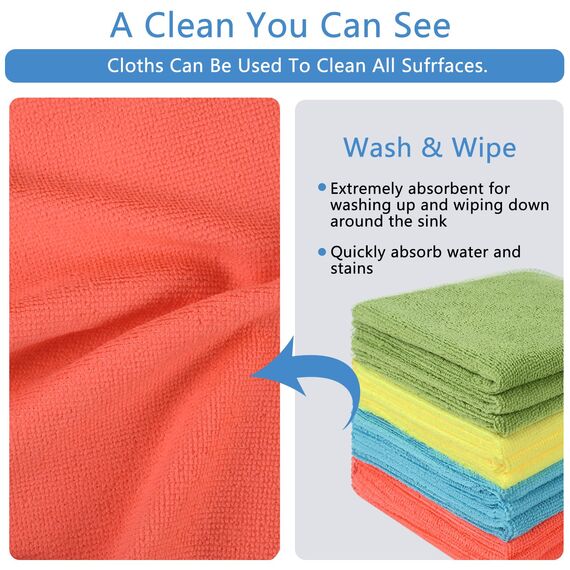 VIVOTE Mikrofaser Putzlappen, Küchentücher Spüllappen Waschbar, Mehrzweck-Reinigungstücher für Küchen, Esszimmer, Wohnwagen und mehr 30 × 30 cm 12 Stück (Grün + Seeblau + Gelb + Rot)