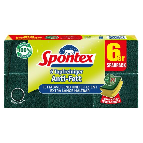 Spontex Topfreiniger Anti-Fett x6, mit fettabweisenden Recyclingfasern und Fussel-Schutz, 6er Pack