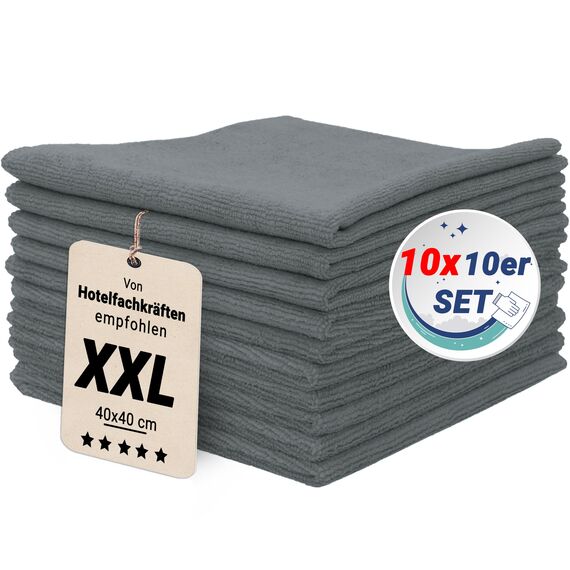 ZOLLNER 100er Set Mikrofasertücher für streifenfreien Glanz - flusenfreie und saugstarke Reinigungstücher - waschbar bis 60°C - 40x40cm in grau - Hotelqualität