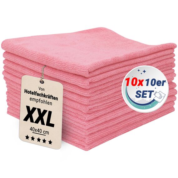 ZOLLNER 100er Set Mikrofasertücher für streifenfreien Glanz - flusenfreie und saugstarke Reinigungstücher - waschbar bis 60°C - 40x40cm in rosa - Hotelqualität