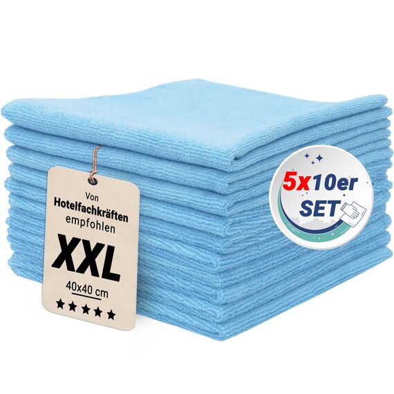 ZOLLNER 50er Set Mikrofasertücher für streifenfreien Glanz - flusenfreie und saugstarke Reinigungstücher - waschbar bis 60°C - 40x40cm in hellblau - Hotelqualität