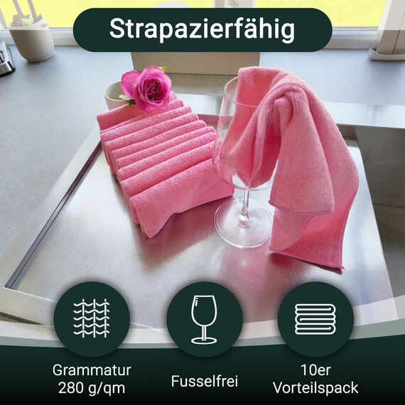 ZOLLNER 10er Set Mikrofasertücher für streifenfreien Glanz - flusenfreie und saugstarke Reinigungstücher - waschbar bis 60°C - 40x40cm in rosa - Hotelqualität