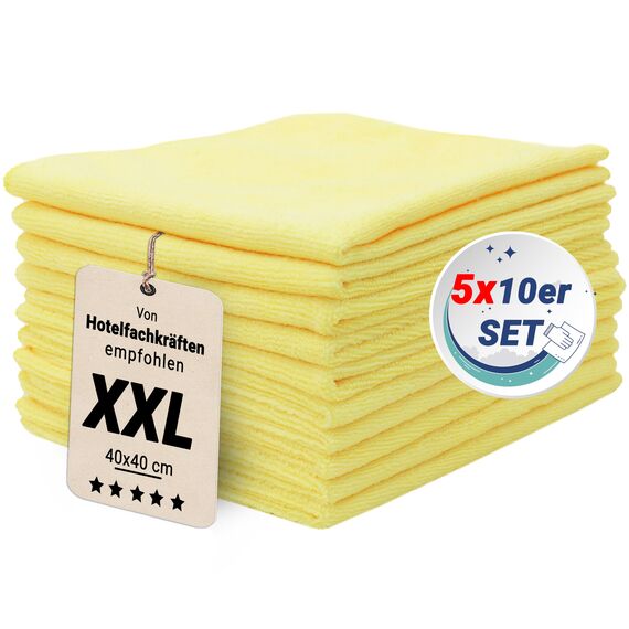 ZOLLNER 50er Set Mikrofasertücher für streifenfreien Glanz - flusenfreie und saugstarke Reinigungstücher - waschbar bis 60°C - 40x40cm in gelb - Hotelqualität