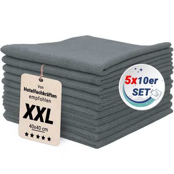 ZOLLNER 50er Set Mikrofasertücher für streifenfreien Glanz - flusenfreie und saugstarke Reinigungstücher - waschbar bis 60°C - 40x40cm in grau - Hotelqualität