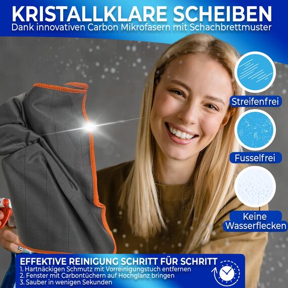 BEXEED® XXL Fenstertücher [4 Stück] 400 GSM inklusive Vorreinigungstuch | Carbon-Mikrofaser Fenstertücher für 100% streifenfreie Fenster | Fenstertuch streifenfrei für strahlende Sauberkeit | 50x40cm