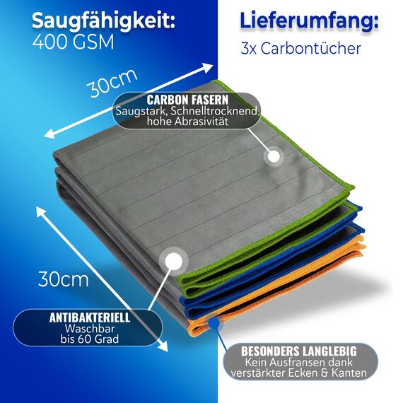 BEXEED® Fenstertücher [3 Stück] | Carbon-Mikrofaser Fenstertücher für 100% streifenfreie Fenster | Fenstertuch streifenfrei für strahlende Sauberkeit | 30x30cm