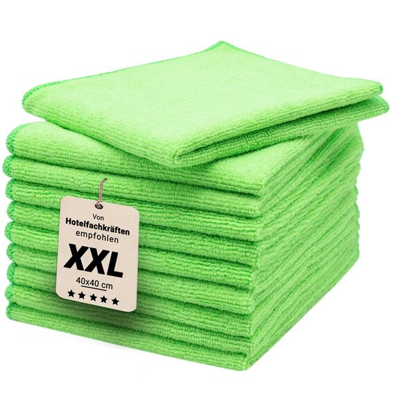 ZOLLNER 10er Set Mikrofasertücher für streifenfreien Glanz - flusenfreie und saugstarke Reinigungstücher - waschbar bis 60°C - 40x40cm in grün - Hotelqualität