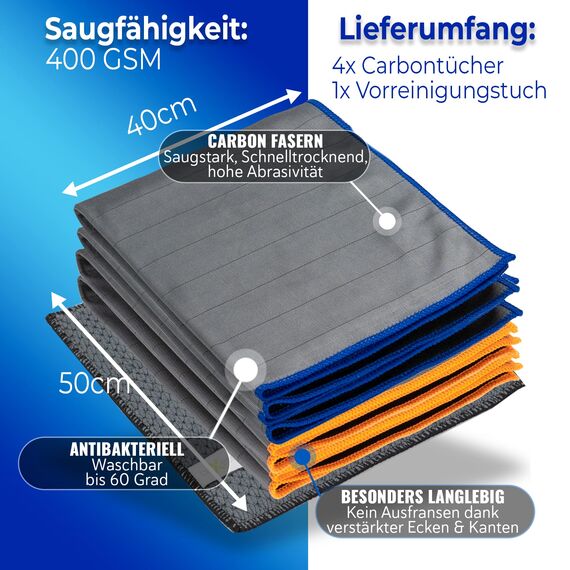 BEXEED® XXL Fenstertücher [4 Stück] 400 GSM inklusive Vorreinigungstuch | Carbon-Mikrofaser Fenstertücher für 100% streifenfreie Fenster | Fenstertuch streifenfrei für strahlende Sauberkeit | 50x40cm