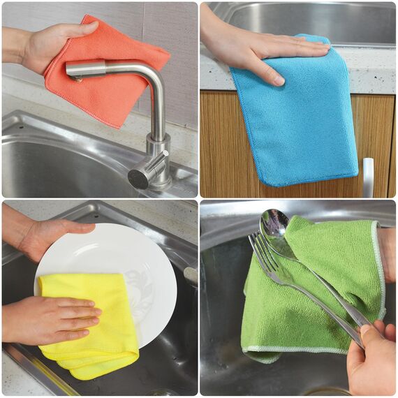 VIVOTE Mikrofaser Putzlappen, Küchentücher Spüllappen Waschbar, Mehrzweck-Reinigungstücher für Küchen, Esszimmer, Wohnwagen und mehr 30 × 30 cm 12 Stück (Grün + Seeblau + Gelb + Rot)