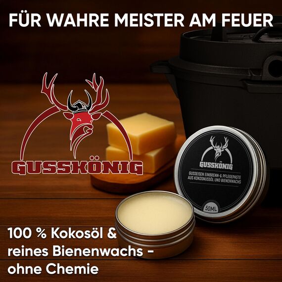 GUSSKÖNIG Pflege- & Einbrennpaste für Dutch Oven, Pfannen & Grill | 100% Natürliche Pflege mit Bienenwachs & Kokosöl | Schutz & Patinaaufbau für Gusseisen | 50 ml Dose