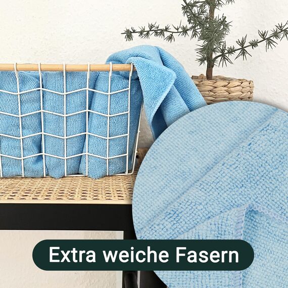 ZOLLNER 100er Set Mikrofasertücher für streifenfreien Glanz - flusenfreie und saugstarke Reinigungstücher - waschbar bis 60°C - 40x40cm in hellblau - Hotelqualität