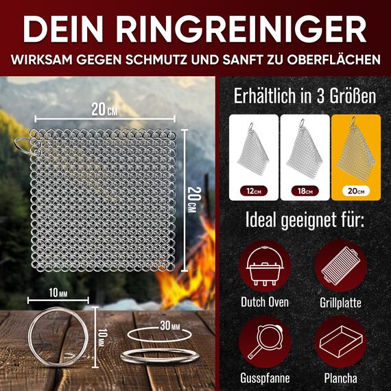 GUSSKÖNIG Gusseisen Ringreiniger (Rnig cleaner 20x20 cm)- Hochwertiger Edelstahl Ringreiniger für Effektive und schonende Reinigung von Gusseisenprodukten - Schützt Patina