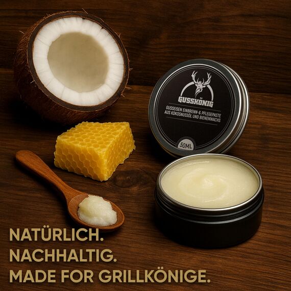 GUSSKÖNIG Pflege- & Einbrennpaste für Dutch Oven, Pfannen & Grill | 100% Natürliche Pflege mit Bienenwachs & Kokosöl | Schutz & Patinaaufbau für Gusseisen | 50 ml Dose