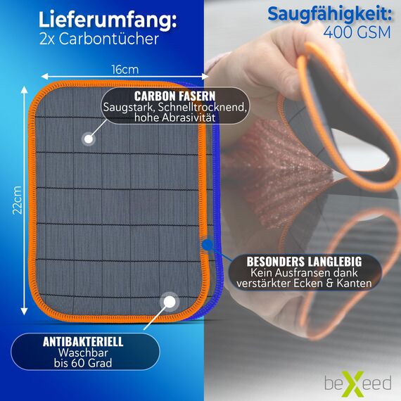 BEXEED Handtuch - CarbonPads, 1x Blau, 1x Orange, 16 x 22 cm - Mikrofaserglasreinigungstuch-Set für Autofenster - Saugfähiger Kern für Streifenfreien Glanz - 2er Pack