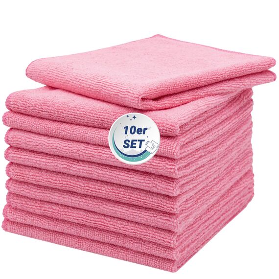 ZOLLNER 10er Set Mikrofasertücher für streifenfreien Glanz - flusenfreie und saugstarke Reinigungstücher - waschbar bis 60°C - 40x40cm in rosa - Hotelqualität