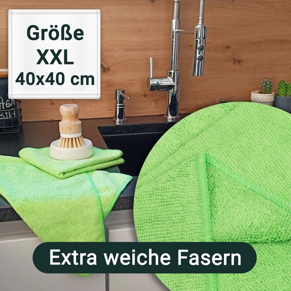 ZOLLNER 50er Set Mikrofasertücher für streifenfreien Glanz - flusenfreie und saugstarke Reinigungstücher - waschbar bis 60°C - 40x40cm in grün - Hotelqualität