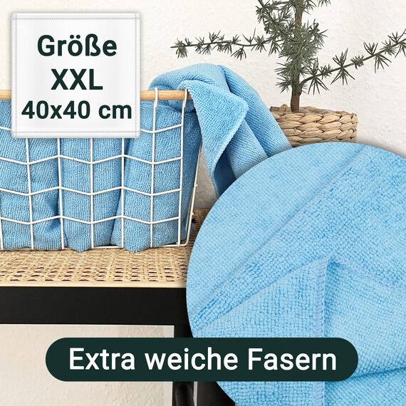 ZOLLNER 50er Set Mikrofasertücher für streifenfreien Glanz - flusenfreie und saugstarke Reinigungstücher - waschbar bis 60°C - 40x40cm in hellblau - Hotelqualität