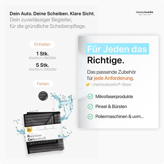 Chemicalworkz® Premium Carbontuch (360GSM, 40x40cm) - Mikrofaser Glastuch für kristallklare Autoscheiben ohne Streifen & Schlieren - Fenstertücher, Scheibentuch, Carbon Tuch Auto, Microfasertuch Glas