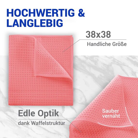 wolk Waffeltücher - Mikrofasertuch mit Waffelstruktur - 10 Stück - Größe: 38 x 38 cm - Farbe: rot - Lappen, Reinigungstücher, Putztücher - Bad, Küche, Gastronomie
