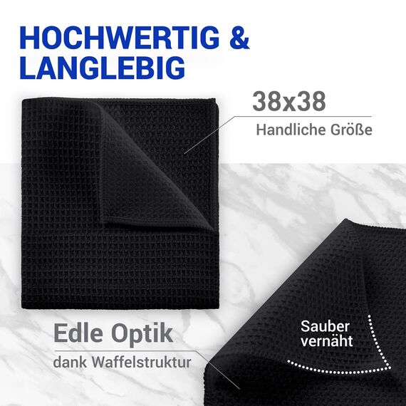 wolk Waffeltücher - Mikrofasertuch mit Waffelstruktur - 10 Stück - Größe: 38 x 38 cm - Farbe: schwarz - Lappen, Reinigungstücher, Putztücher - Bad, Küche, Gastronomie