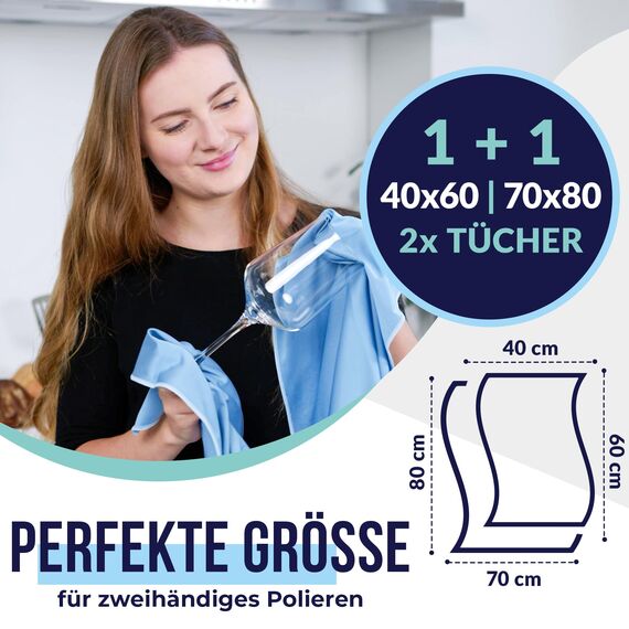 culiclean Fenster Poliertuch – Mikrofaser Poliertücher Gläser – Glastuch Fenster – Fensterputztücher streifenfrei – Fenstertuch fusselfrei – 2 Stück – 40x60 + 70x80cm, weiß
