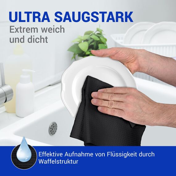 wolk Waffeltücher - Mikrofasertuch mit Waffelstruktur - 10 Stück - Größe: 38 x 38 cm - Farbe: schwarz - Lappen, Reinigungstücher, Putztücher - Bad, Küche, Gastronomie