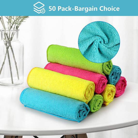 HOMEXCEL Mikrofasertücher 50 Stück, Wiederverwendbare Küchen-Mikrofaser-Reinigungstücher, Lappen Putztücher Geschirrtücher, Fusselfreie Waschbare für Zuhause, Fenster, Auto 30 x 30 cm