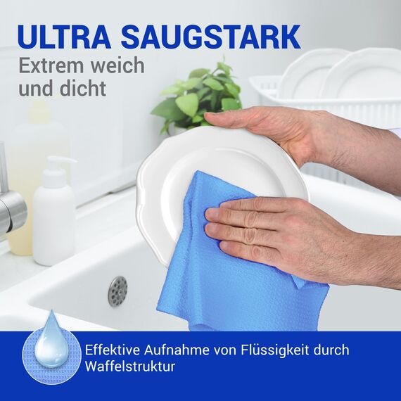 wolk Waffeltücher - Mikrofasertuch mit Waffelstruktur - 10 Stück - Größe: 38 x 38 cm - Farbe: blau - Lappen, Reinigungstücher, Putztücher - Bad, Küche, Gastronomie