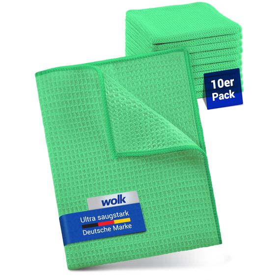wolk Waffeltücher - Mikrofasertuch mit Waffelstruktur - 10 Stück - Größe: 38 x 38 cm - Farbe: grün - Lappen, Reinigungstücher, Putztücher - Bad, Küche, Gastronomie