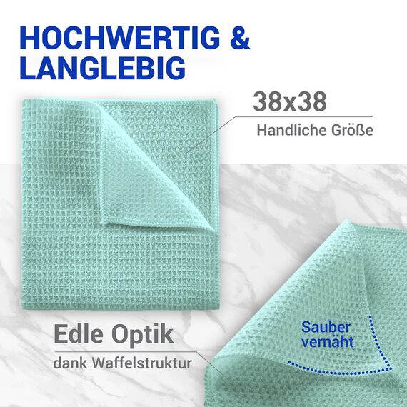 wolk Waffeltücher - Mikrofasertuch mit Waffelstruktur - 10 Stück - Größe: 38 x 38 cm - Farbe: Mint - Lappen, Reinigungstücher, Putztücher - Bad, Küche, Gastronomie