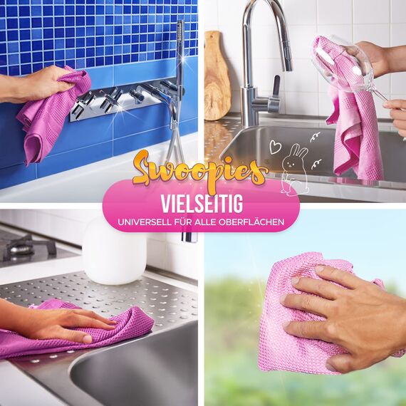Swoopies® [3er Set Professionelle Mikrofasertücher | Langlebige Reinigungstücher mit nur Wasser Streifen/Fusselfrei | Ultra weiche & große Tücher für Küche, Bad, Fenster, Auto | 60x40cm | Rosa