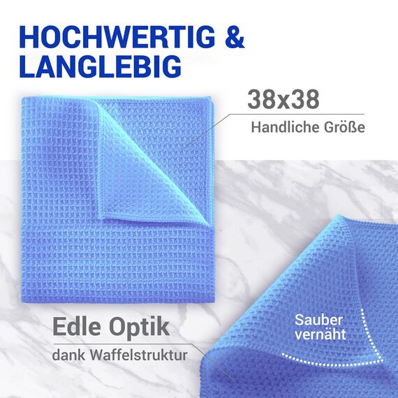 wolk Waffeltücher - Mikrofasertuch mit Waffelstruktur - 10 Stück - Größe: 38 x 38 cm - Farbe: blau - Lappen, Reinigungstücher, Putztücher - Bad, Küche, Gastronomie