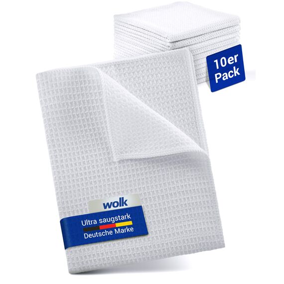 wolk Waffeltücher - Mikrofasertuch mit Waffelstruktur - 10 Stück - Größe: 38 x 38 cm - Farbe: weiß - Lappen, Reinigungstücher, Putztücher - Bad, Küche, Gastronomie