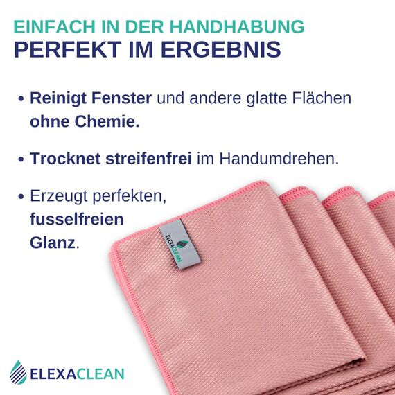 ELEXACLEAN Fenstertuch streifenfrei, Mikrofaser Fensterputztücher (4 Stück, 40x30 cm, rot) Premium Glas Putztücher Auto für Innen & Außen