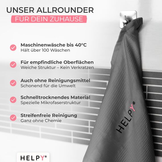H E L P Y® - Putztücher [2er Set] - streifenfreie Fensterputztücher - fusselfreie Reinigungsergebnisse - Microfasertuch für Küche, Bad, Auto, Fenster - grau