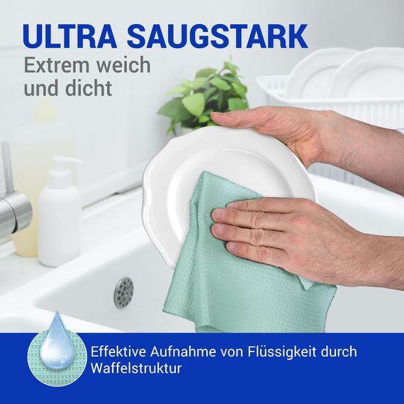 wolk Waffeltücher - Mikrofasertuch mit Waffelstruktur - 10 Stück - Größe: 38 x 38 cm - Farbe: Mint - Lappen, Reinigungstücher, Putztücher - Bad, Küche, Gastronomie