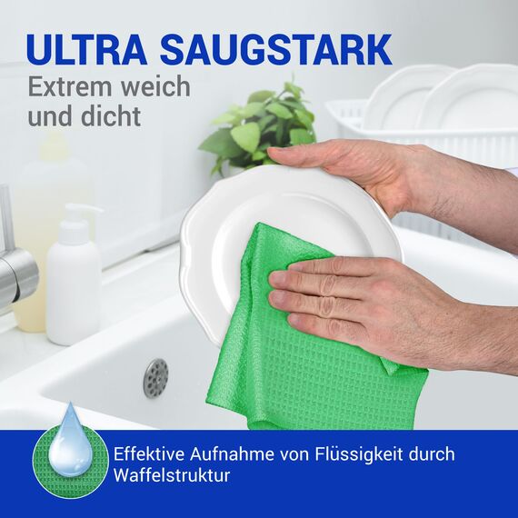 wolk Waffeltücher - Mikrofasertuch mit Waffelstruktur - 10 Stück - Größe: 38 x 38 cm - Farbe: grün - Lappen, Reinigungstücher, Putztücher - Bad, Küche, Gastronomie