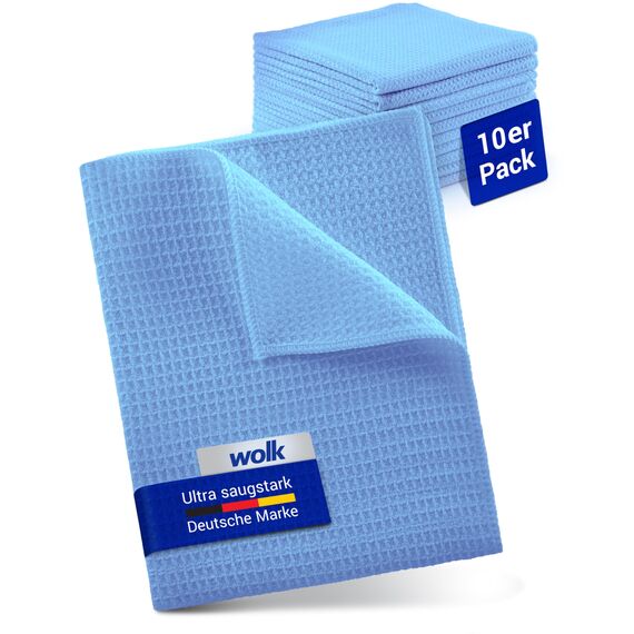 wolk Waffeltücher - Mikrofasertuch mit Waffelstruktur - 10 Stück - Größe: 38 x 38 cm - Farbe: blau - Lappen, Reinigungstücher, Putztücher - Bad, Küche, Gastronomie
