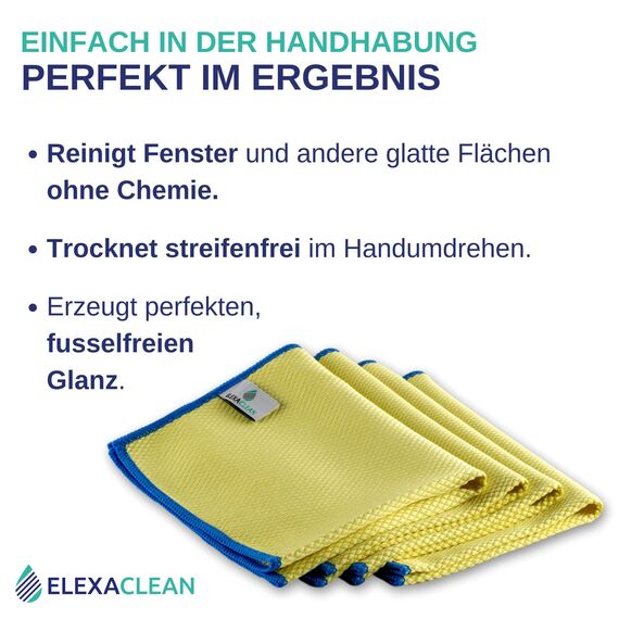 ELEXACLEAN Fenstertuch streifenfrei, Mikrofaser Fensterputztücher (4 Stück, 40x30 cm, gelb) Premium Glas Putztücher Auto für Innen & Außen