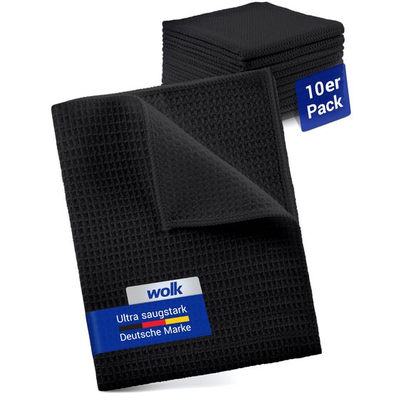 wolk Waffeltücher - Mikrofasertuch mit Waffelstruktur - 10 Stück - Größe: 38 x 38 cm - Farbe: schwarz - Lappen, Reinigungstücher, Putztücher - Bad, Küche, Gastronomie