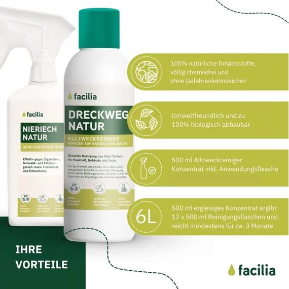 facilia Dreckweg Natur Allzweckreiniger – 100% natürliches Bio Reinigungsmittel ohne Chemie für Haushalt, Camping & Büro | Umweltfreundlich & Effizient (500 ml Konzentrat + Sprühflasche)