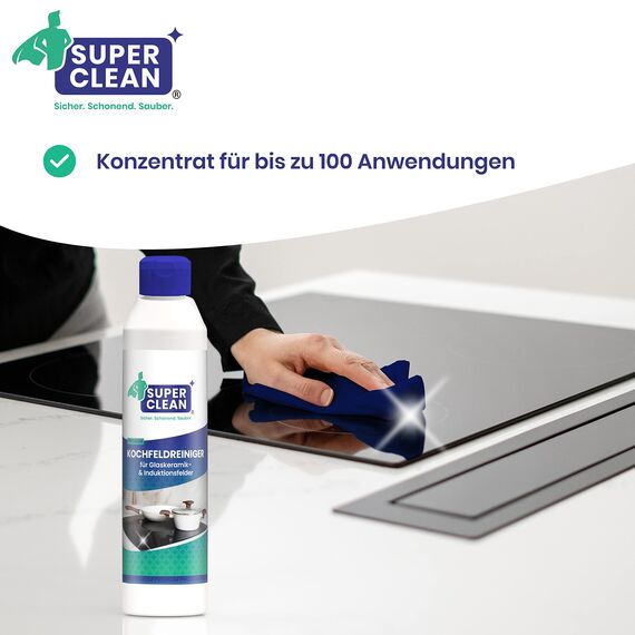 SUPER CLEAN Kochfeldreiniger für alle Glaskeramik und Induktionskochfelder. Inhalt: 250 ml + 2in1 Duo Schwamm. Strahlende Reinigung und Pflege – Kennzeichnungsfrei, Umweltfreundlich.