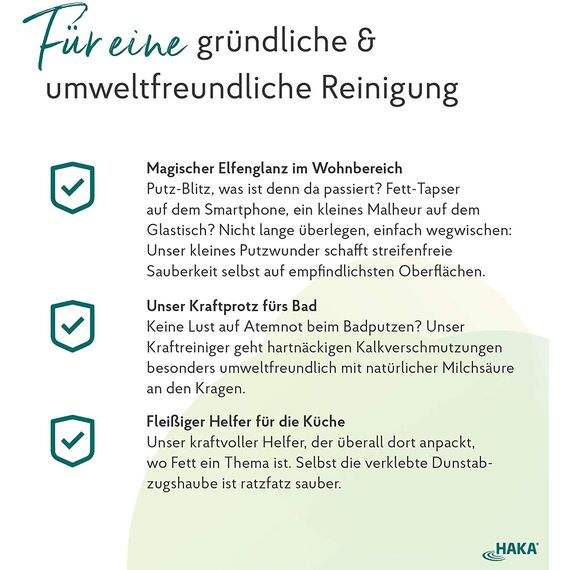HAKA Haushalt Reinigungs-Set, 3x500 ml Spray, Fettreiniger für Küche & Grill, Kraftreiniger gegen Kalk & Schmutz im Bad, Putz-Elfe Displayreiniger empfindliche Flächen, umweltfreundlich