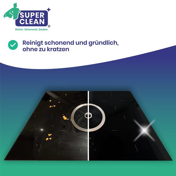 SUPER CLEAN Kochfeldreiniger für alle Glaskeramik und Induktionskochfelder. Inhalt: 250 ml + 2in1 Duo Schwamm. Strahlende Reinigung und Pflege – Kennzeichnungsfrei, Umweltfreundlich.