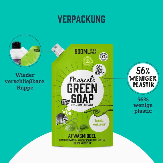 Marcel's Green Soap - Spülmittel Nachfüllpack Basilicum & Vetiver - Geschirrspülmittel Nachfüllpackung - Umweltfreundlich - Vegan - 97% Biologisch abbaubar - 500 ml